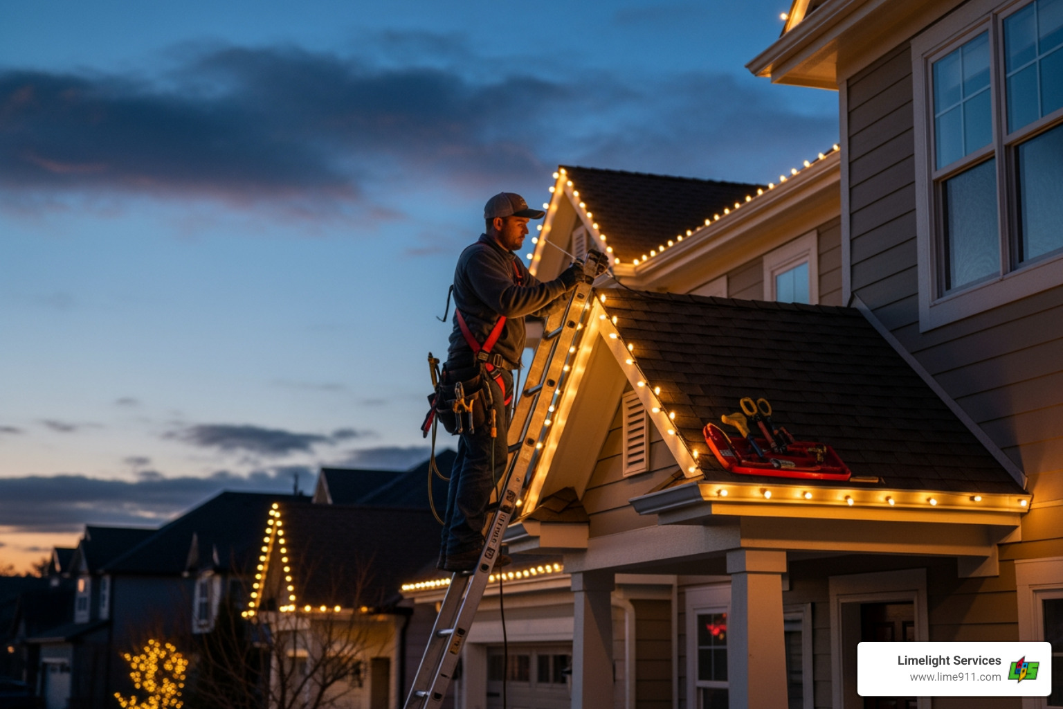 Infographic showing the complete holiday lighting process: 1) Free Consultation & Custom Design using virtual software, 2) Professional Installation by certified technicians with commercial-grade LED lights, 3) Maintenance & Repairs throughout the season, 4) Hassle-Free Removal after holidays, 5) Secure Off-Season Storage. Benefits highlighted include: 80-90% energy savings with LEDs, fully insured service, CLIPA-certified installers, and no ladder climbing required for homeowners. - holiday lighting johnstown co Infographic showing the complete holiday lighting process: 1) Free Consultation & Custom Design using virtual software, 2) Professional Installation by certified technicians with commercial-grade LED lights, 3) Maintenance & Repairs throughout the season, 4) Hassle-Free Removal after holidays, 5) Secure Off-Season Storage. Benefits highlighted include: 80-90% energy savings with LEDs, fully insured service, CLIPA-certified installers, and no ladder climbing required for homeowners. - holiday lighting johnstown co
