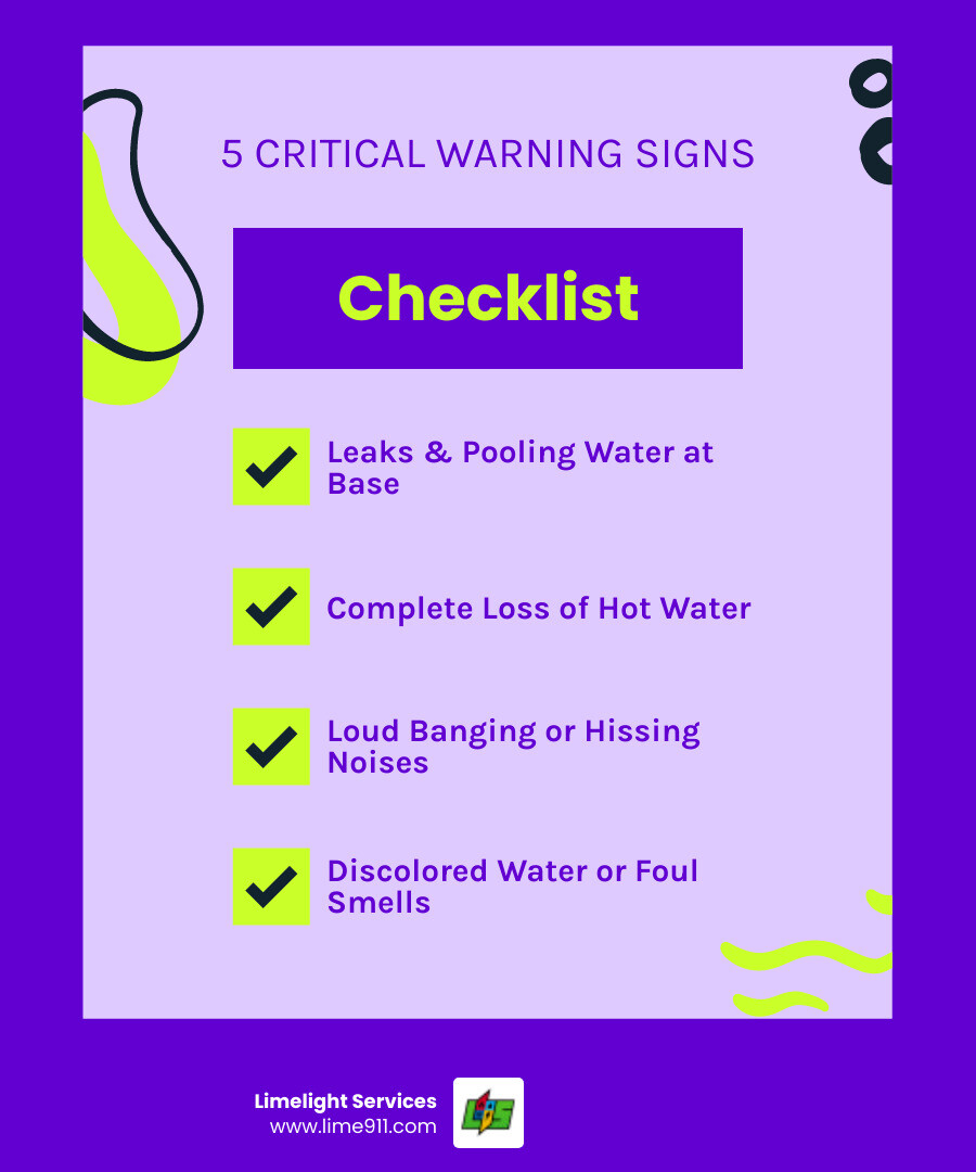Infographic showing five critical warning signs of water heater emergencies: pooling water or visible leaks at the base, discolored rusty or cloudy water from taps, loud banging popping or hissing noises from the tank, complete loss of hot water or inconsistent temperatures, and foul sulfur-like smells from hot water indicating bacterial growth - emergency water heater maintenance in greeley, co infographic checklist-fun-neon Infographic showing five critical warning signs of water heater emergencies: pooling water or visible leaks at the base, discolored rusty or cloudy water from taps, loud banging popping or hissing noises from the tank, complete loss of hot water or inconsistent temperatures, and foul sulfur-like smells from hot water indicating bacterial growth - emergency water heater maintenance in greeley, co infographic checklist-fun-neon