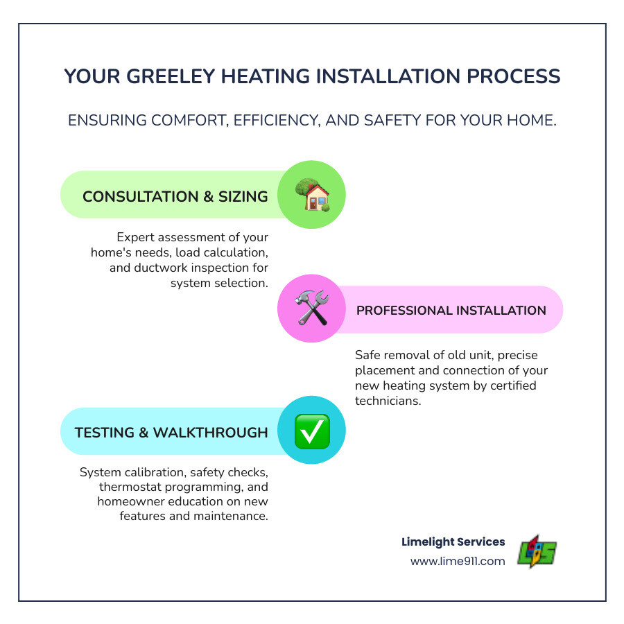 Infographic showing the heating installation process: home assessment and system sizing, safe removal and professional installation, final testing and homeowner education, with icons for energy efficiency, comfort, and reliability - heating installation greeley co infographic infographic-line-3-steps-colors Infographic showing the heating installation process: home assessment and system sizing, safe removal and professional installation, final testing and homeowner education, with icons for energy efficiency, comfort, and reliability - heating installation greeley co infographic infographic-line-3-steps-colors